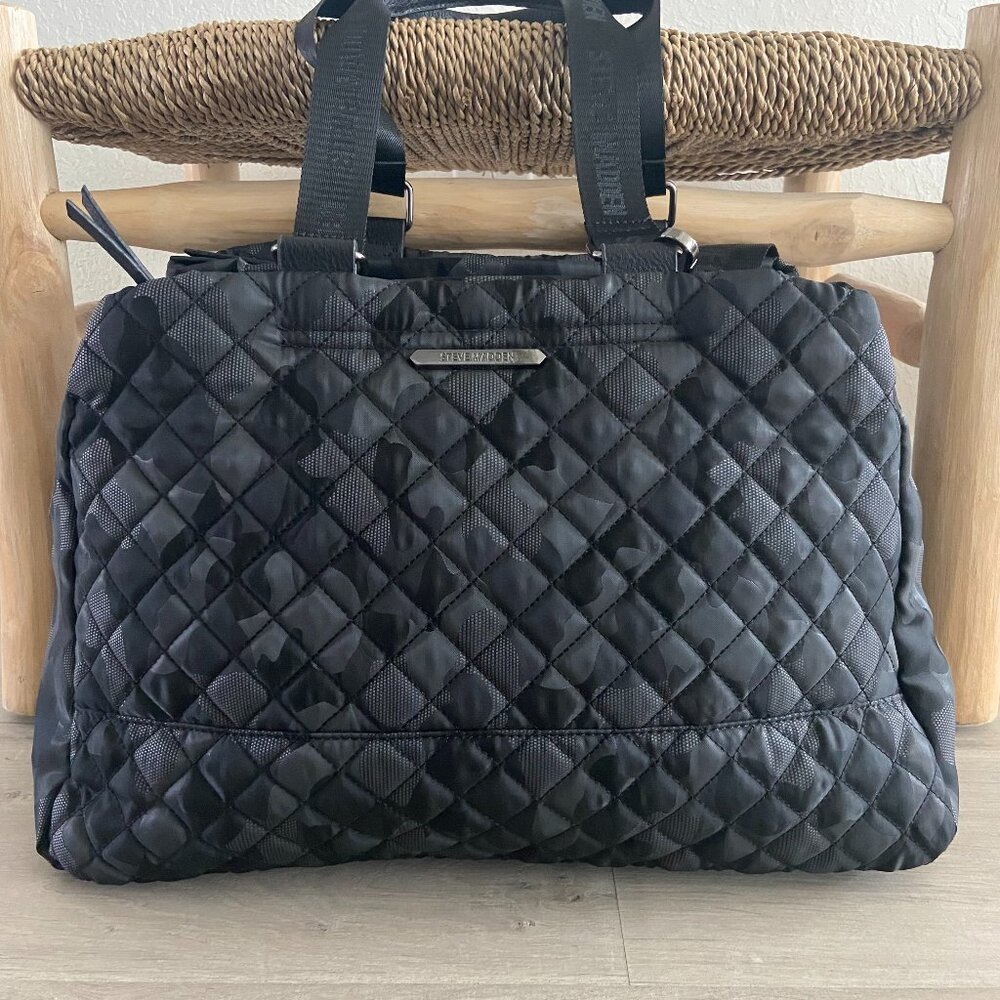 Gray-Black Quilted Camouflage Steve Madden Weekender Tote Bag, Crossbody Gym Bag
